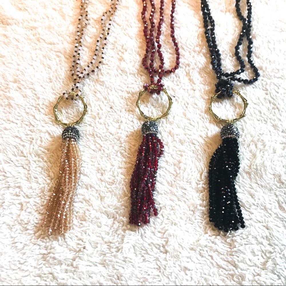 Knotted Glass Necklace with Beaded Tassels